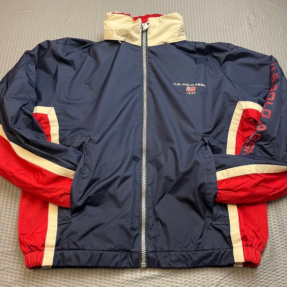 US Polo Assn Vintage Mens Navy Red White Color Block Zip Up Hooded Jacket Size M